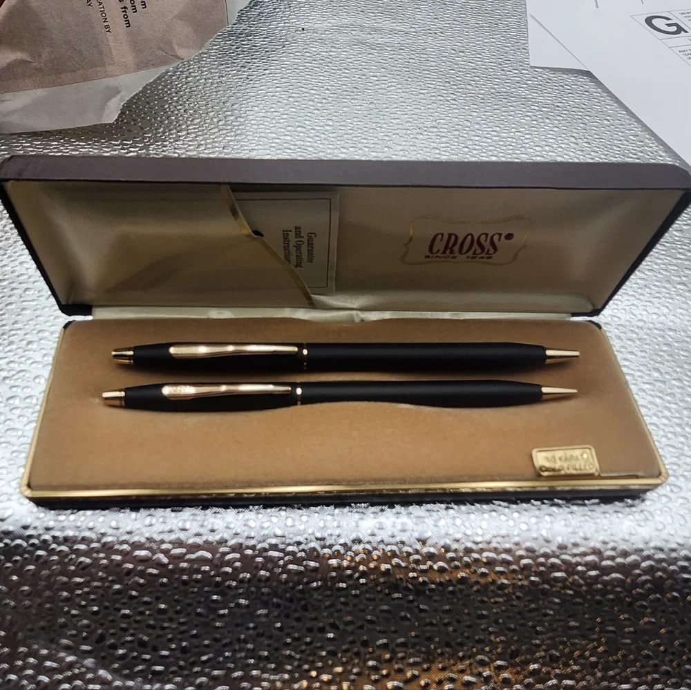 VINTAGE BLACK CROSS BALL PEN & PENCIL SET 10k gold filled w/case D2